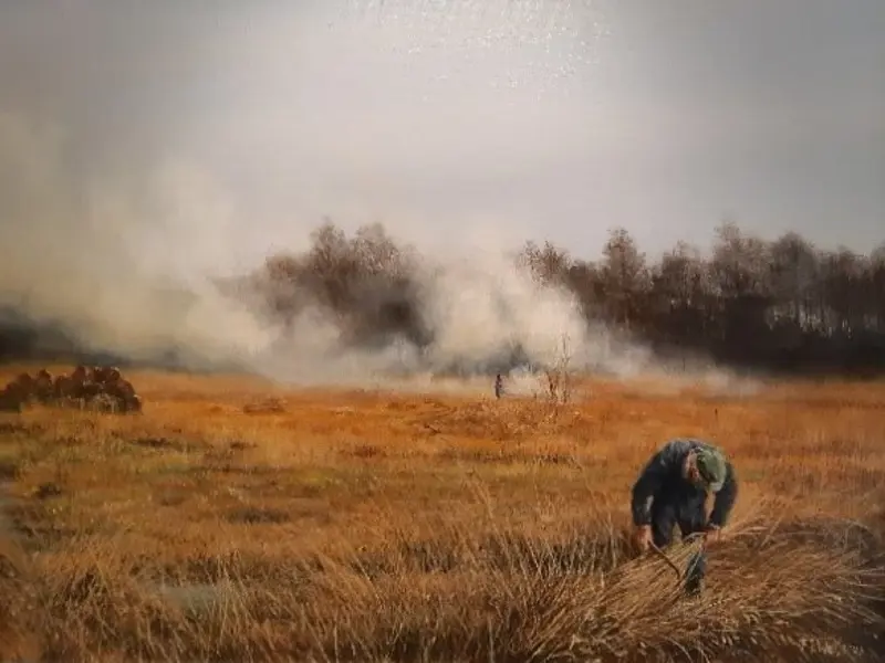 Rietresten verbranden - schilderij Frederik Weijs.